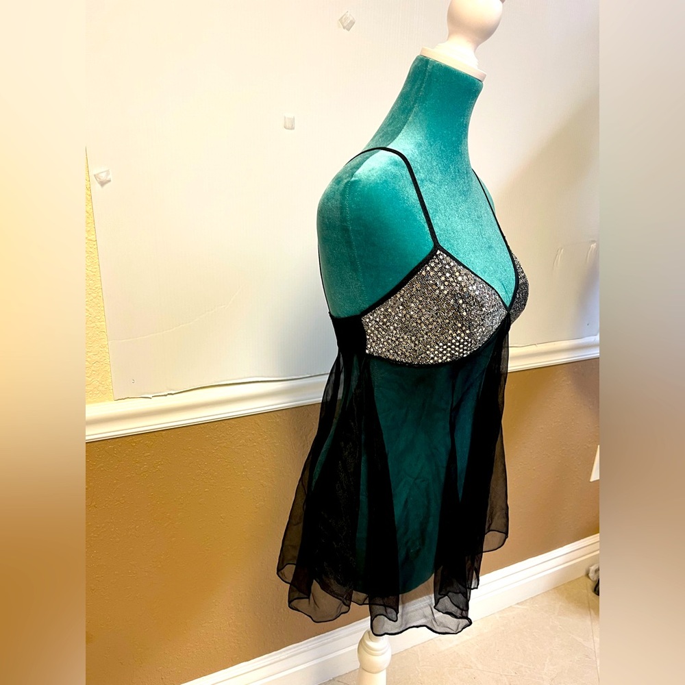 Vintage Escante Black Sheer Babydoll Lingerie with Silver Sequin Cups - Size S - Picture 2 of 6